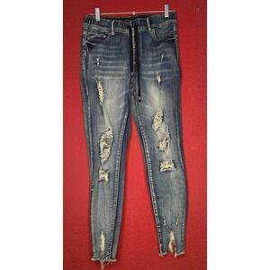 Ripped Distressed Denim Jeans Women's Drawstring‎ Waist Joggers Style